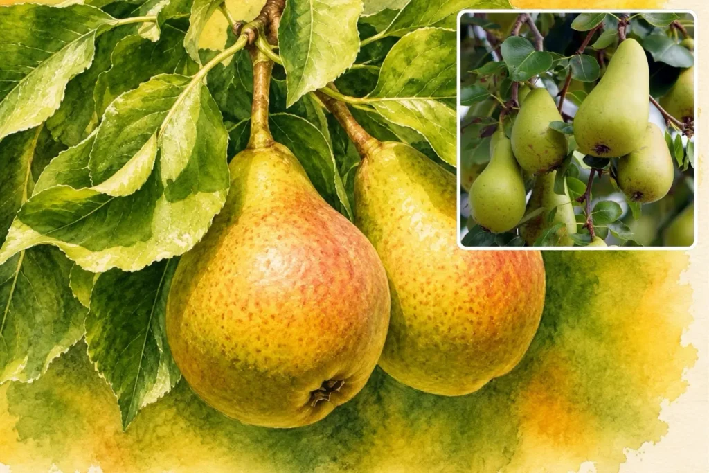 Aquarellillustration der Birne ‘Garden Pearl’ (Pyrus communis ‘Garden Pearl’) mit gelbgrünen, leicht geröteten Früchten.