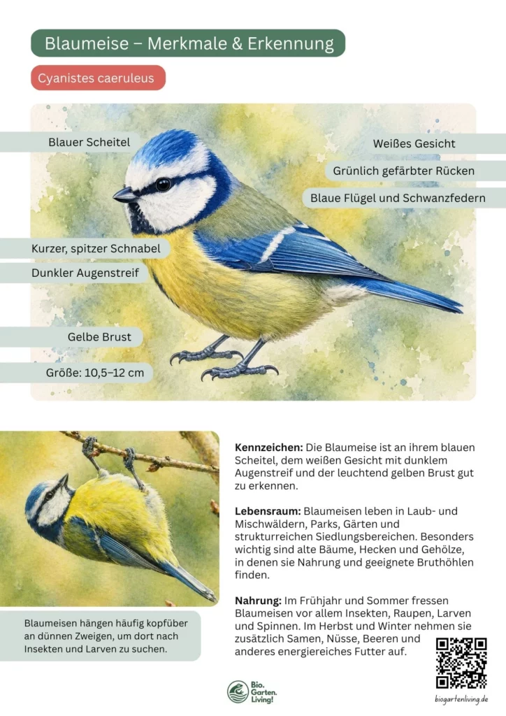 Steckbrief der Blaumeise mit den wichtigsten Erkennungsmerkmalen, Lebensraum und Nahrung als PDF zum Herunterladen.
