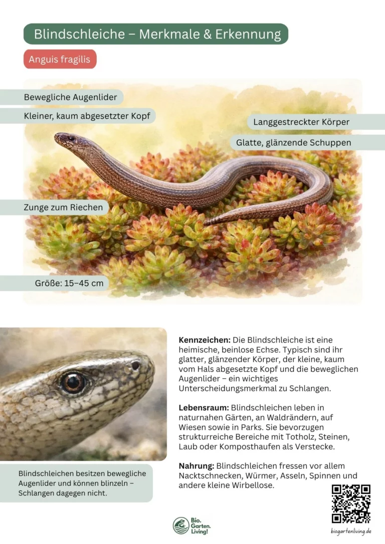 Steckbrief der Blindschleiche mit den wichtigsten Erkennungsmerkmalen, Lebensraum und Nahrung als PDF zum Herunterladen.