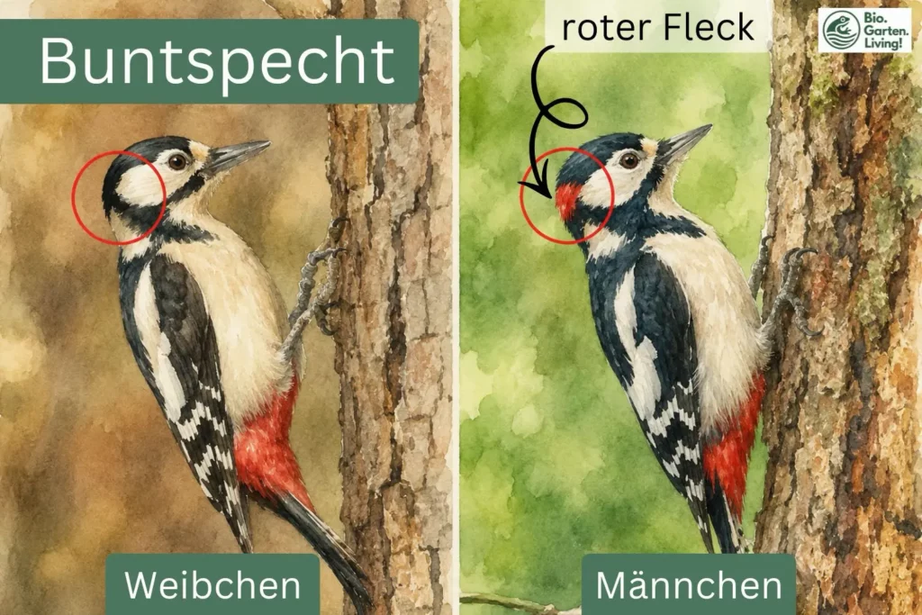 Vergleich von männlichem und weiblichem Buntspecht.
