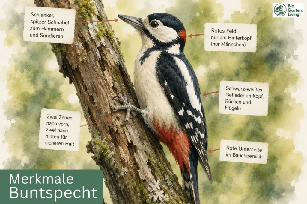 Illustration der wichtigsten Merkmale eines Buntspechts.
