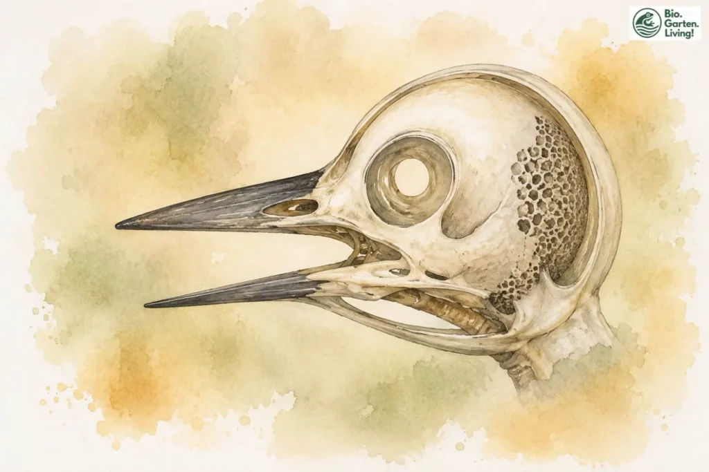 Anatomische Darstellung des Schädels eines Buntspechts.