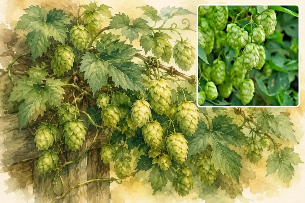 Aquarellillustration von Echtem Hopfen (Humulus lupulus) mit grünen Hopfendolden und gezähnten Blättern.