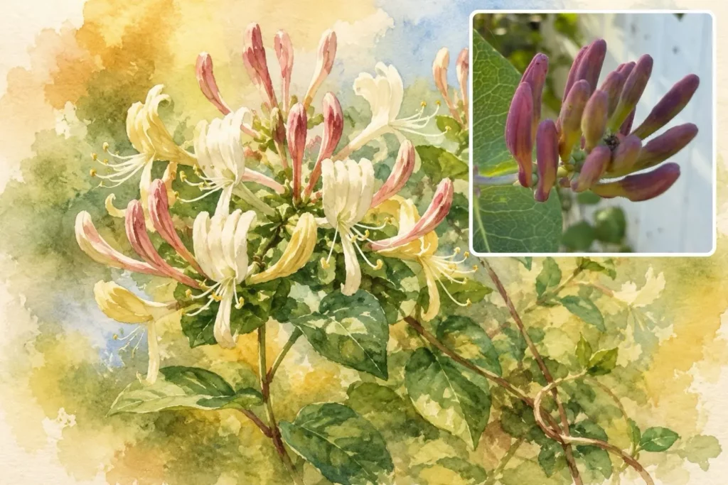 Aquarellillustration des Echten Geißblatts (Lonicera caprifolium) mit cremeweißen, duftenden Blüten.