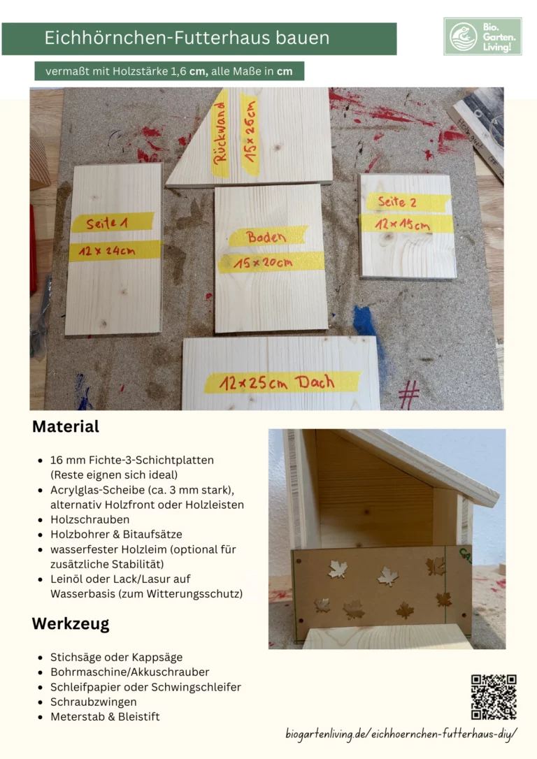 Bauanleitung für eine Eichhörnchen-Futterstelle mit zugeschnittenen Holzteilen und fertigem Futterhaus