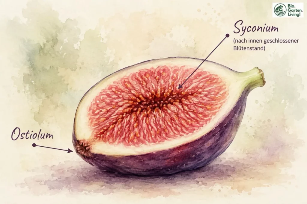 Illustration einer aufgeschnittenen Feige mit beschriftetem Syconium und Ostiolum