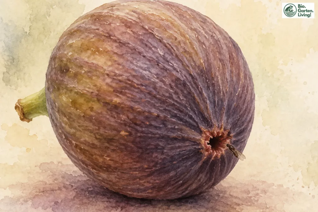 Kleine Feigenwespe am Ostiolum einer violetten Feige