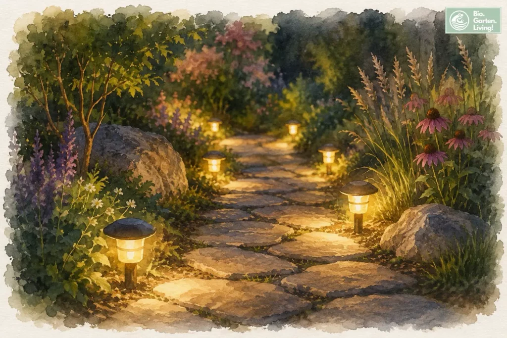 Beleuchteter Gartenweg in der Dämmerung mit mehreren Wegeleuchten