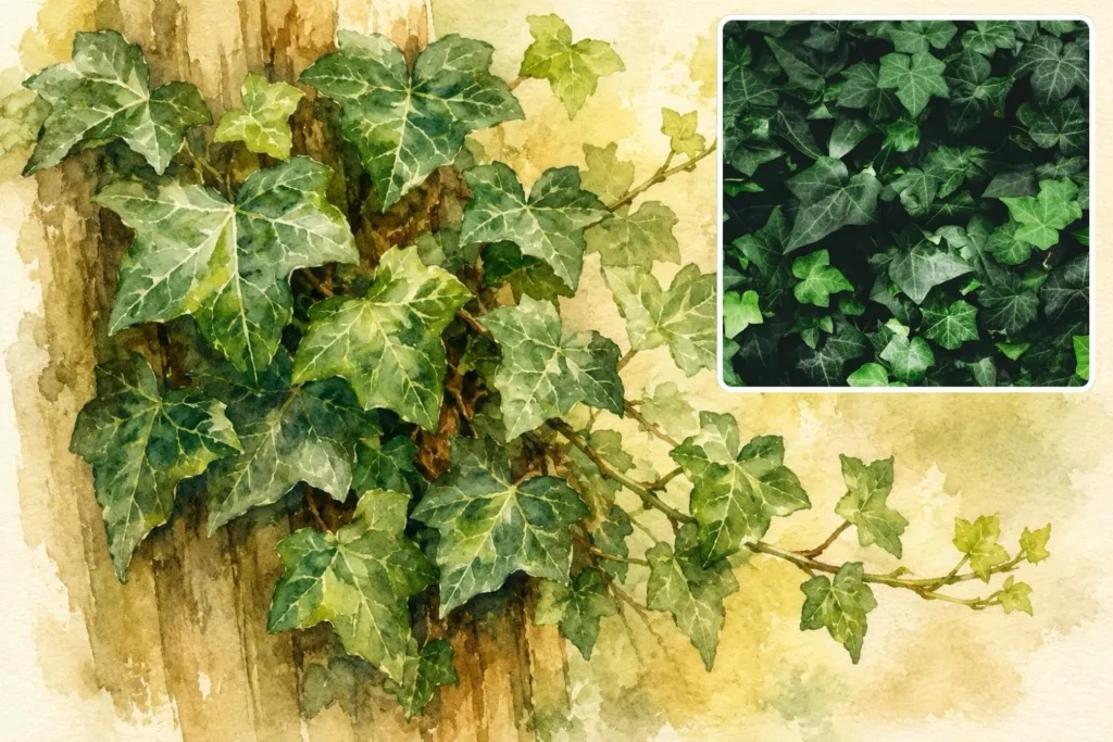 Aquarellillustration von Gewöhnlichem Efeu (Hedera helix) mit dunkelgrünen, gelappten Blättern.