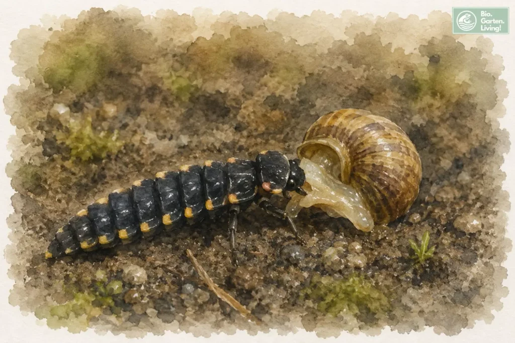 Larve eines Glühwürmchens frisst eine Gehäuseschnecke auf dem Waldboden