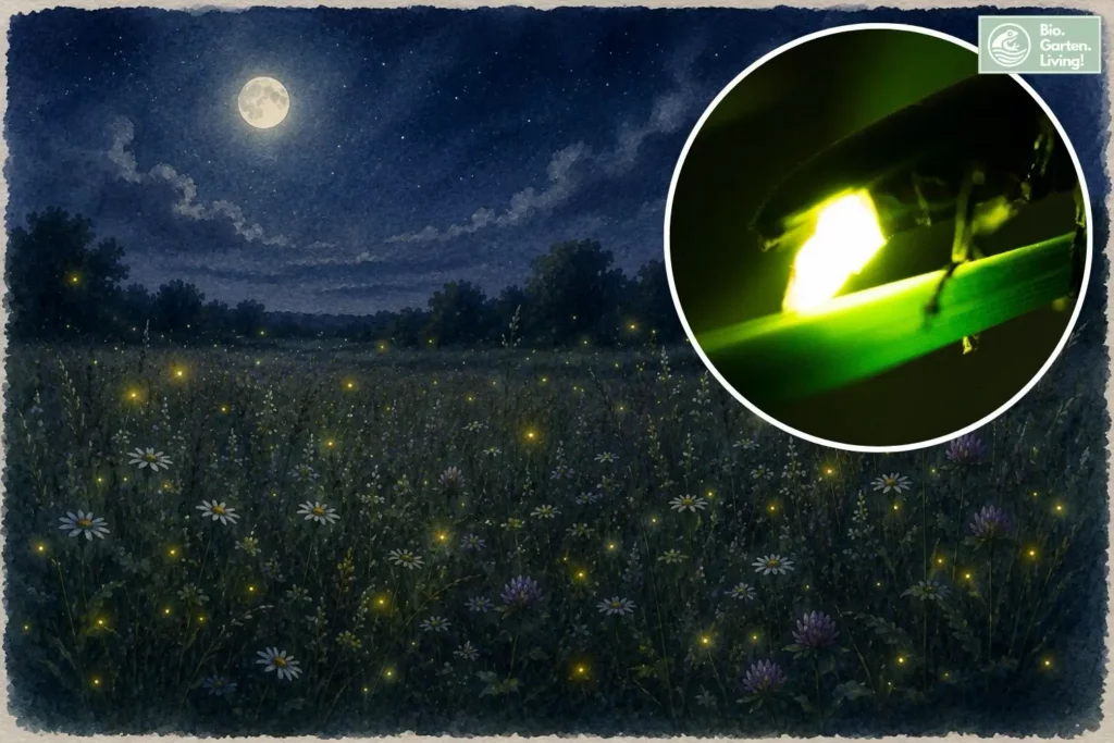 Blumenwiese bei Nacht mit zahlreichen leuchtenden Glühwürmchen und Detailansicht