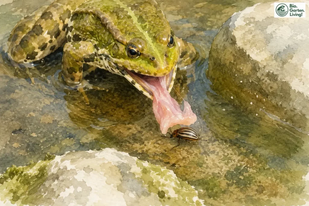 Grasfrosch fängt mit seiner klebrigen Zunge einen Käfer