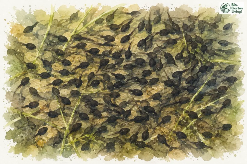Zahlreiche Kaulquappen des Grasfroschs im flachen Gewässer