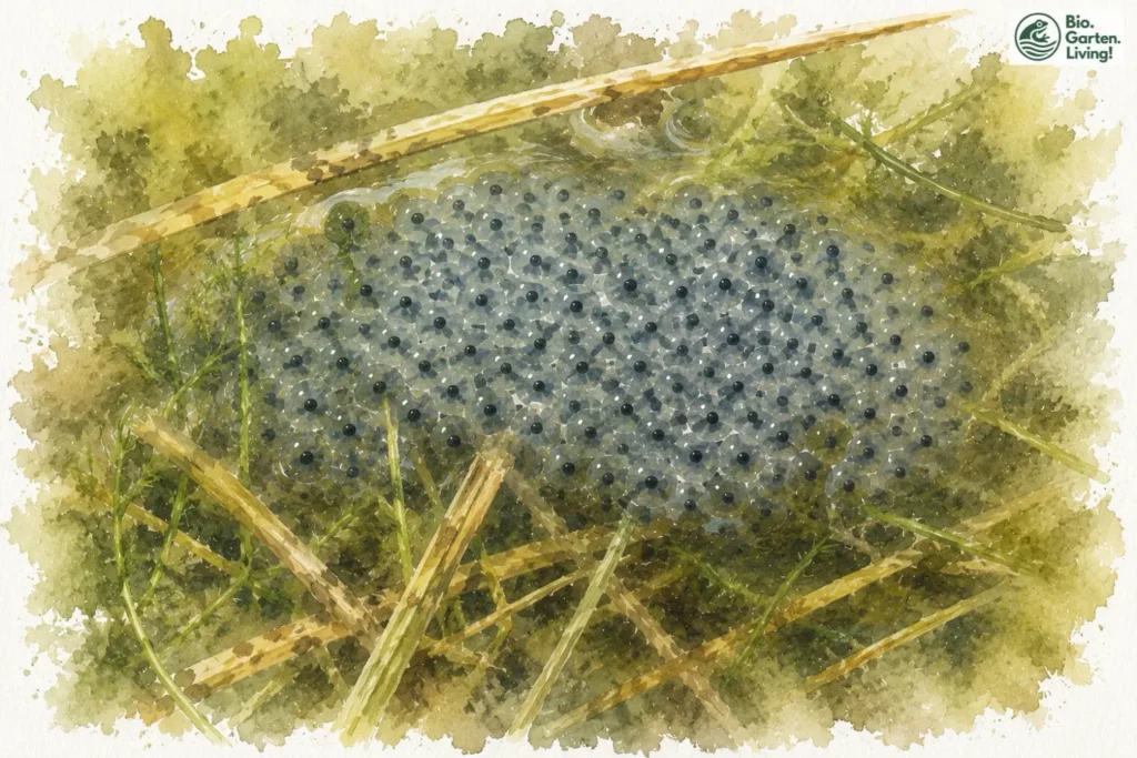 Gallertartiger Laichballen des Grasfroschs im flachen Wasser