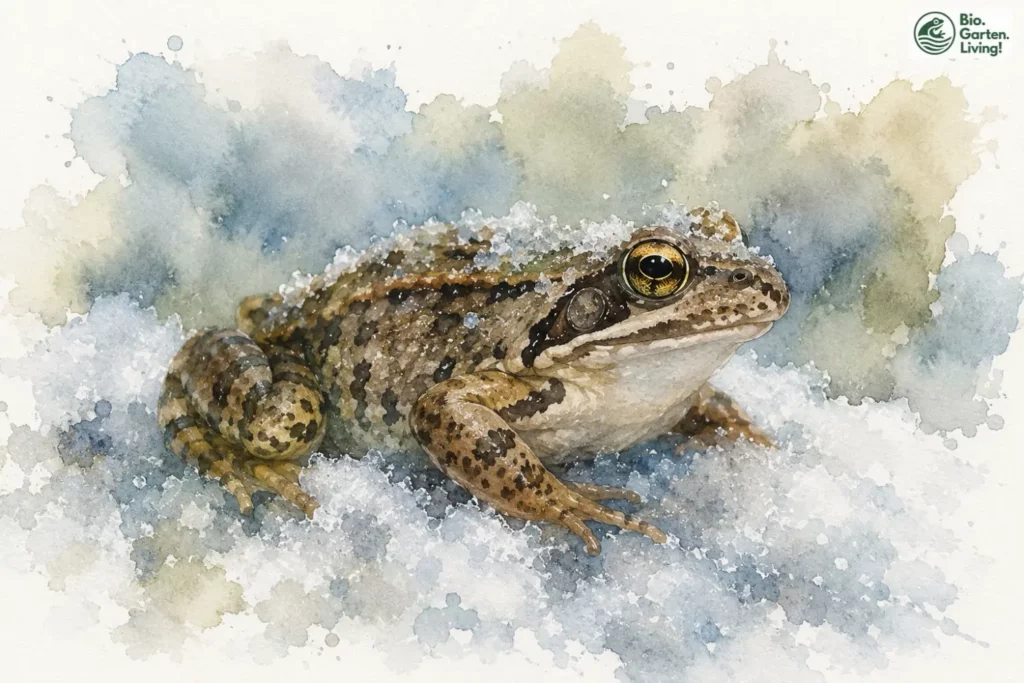 Grasfrosch sitzt auf schmelzendem Schnee im zeitigen Frühjahr