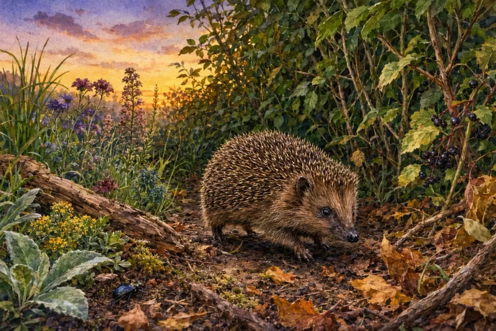 Igel in der Abenddämmerung zwischen Laub, Hecke und naturnahem Beet