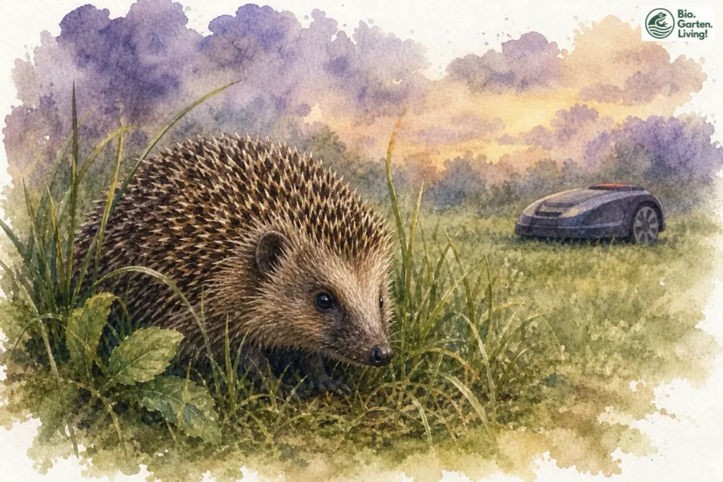 Igel im hohen Gras mit Mähroboter im Hintergrund