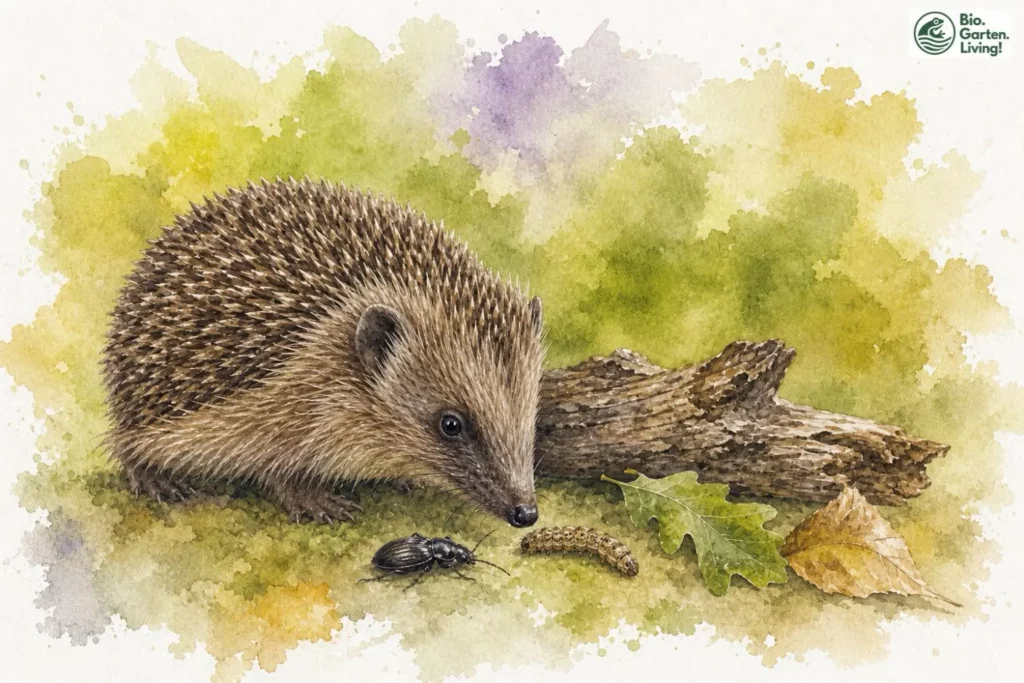 Igel sucht neben Totholz nach Käfern und Raupen