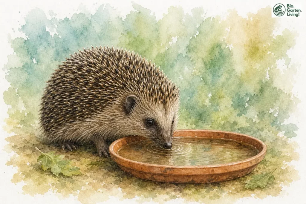 Igel trinkt frisches Wasser aus einer flachen Schale
