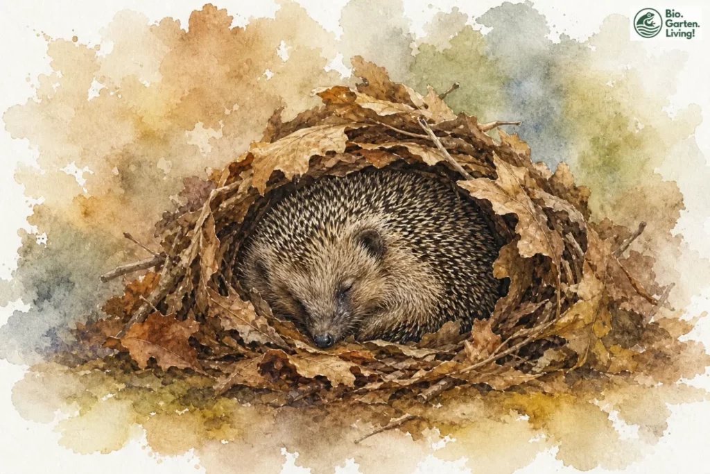 Schlafender Igel in einem Nest aus trockenem Laub