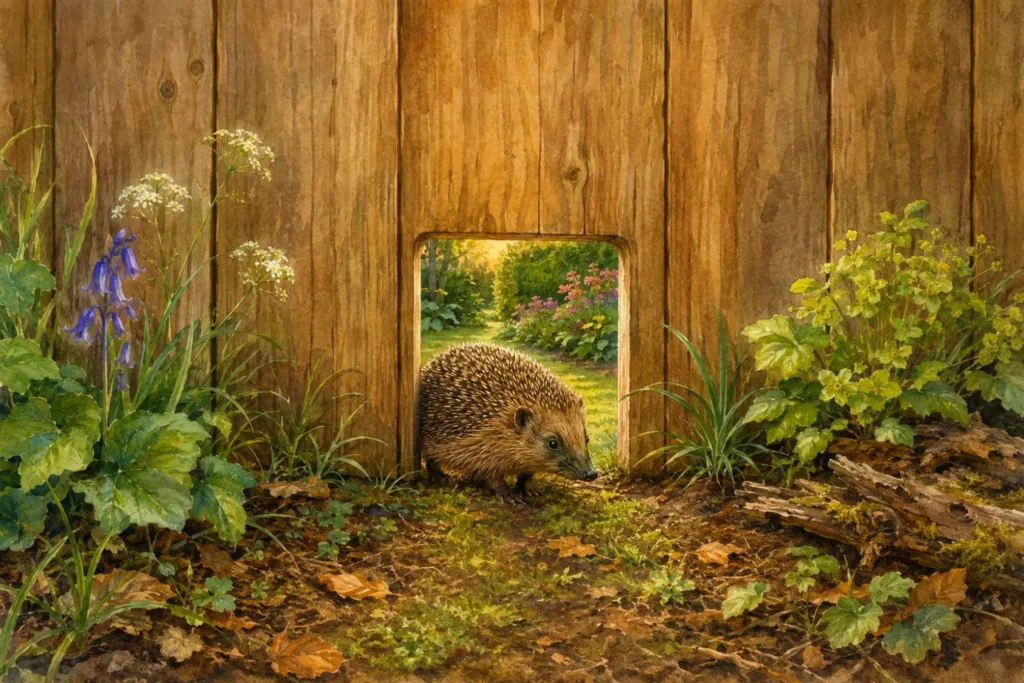 Igel läuft durch eine bodennahe Öffnung in einem geschlossenen Holzzaun