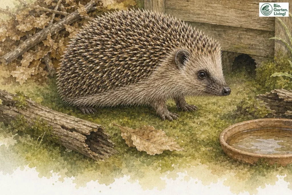 Igel in einem naturnahen Garten mit Laub, Totholz und Wasserstelle