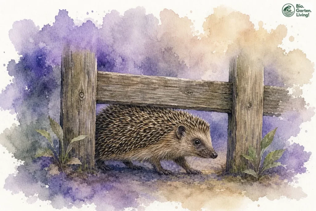 Igel läuft durch einen bodennahen Durchgang im Gartenzaun