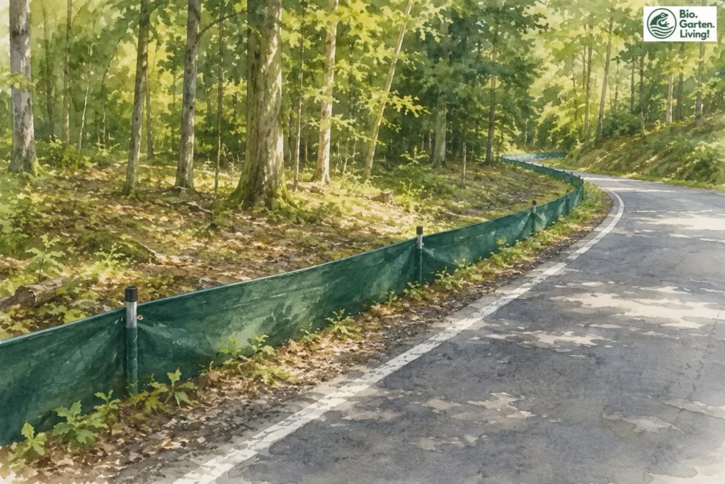 Krötenzaun entlang einer Straße zum Schutz wandernder Amphibien