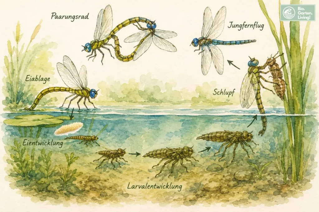 Illustration des Lebenszyklus einer Libelle vom Ei bis zum erwachsenen Tier