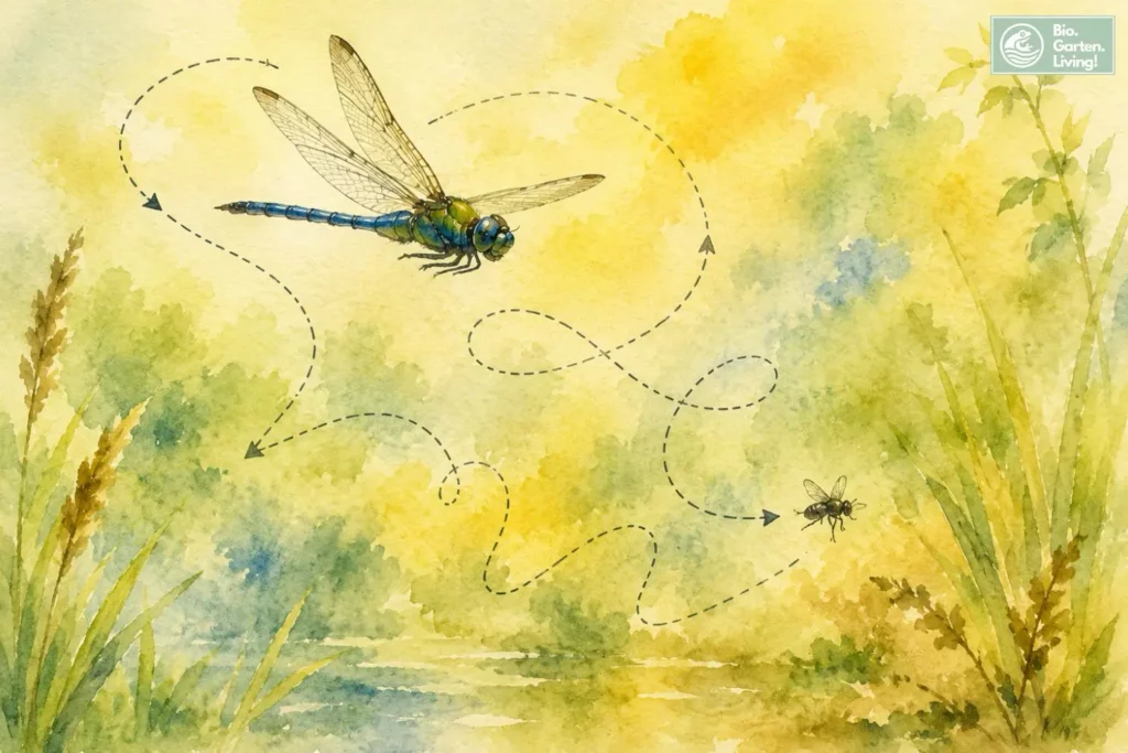 Libelle verfolgt eine Fliege auf geschwungener Flugbahn