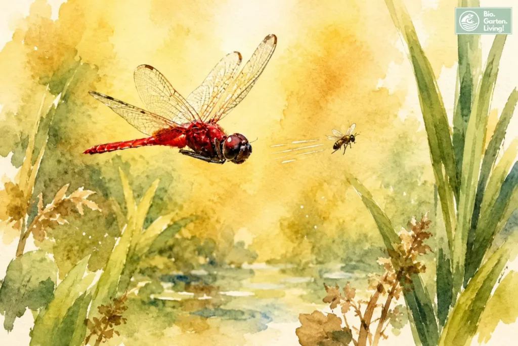 Libelle verfolgt eine Fliege im schnellen Flug