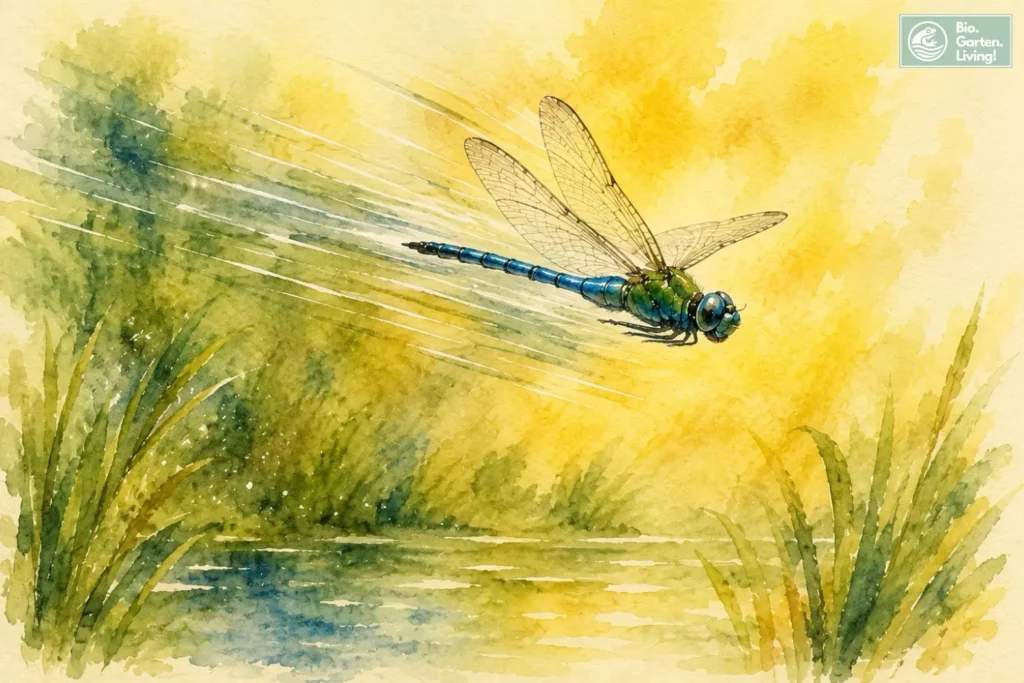 Blaugrüne Libelle im schnellen Flug über einem naturnahen Teich
