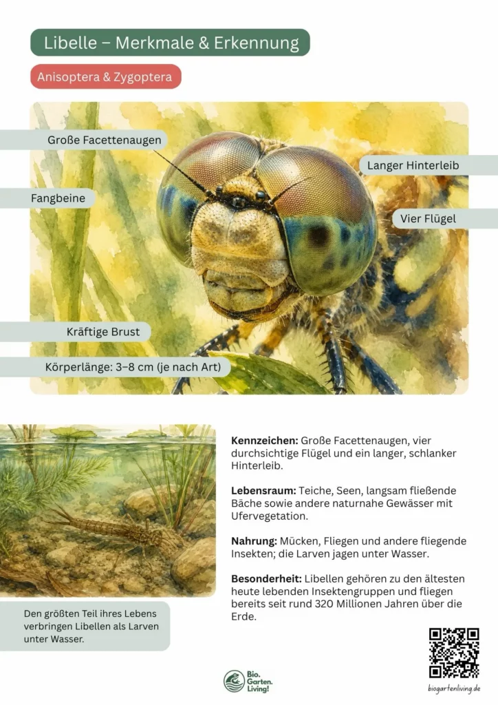 Steckbrief der Libelle mit den wichtigsten Erkennungsmerkmalen, Lebensraum, Nahrung und Entwicklung als PDF zum Herunterladen.
