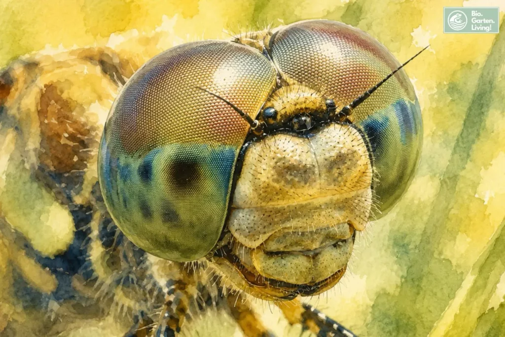 Nahaufnahme der Facettenaugen einer Libelle