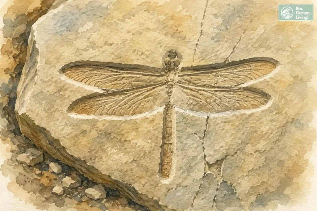 Fossil einer urzeitlichen Libelle im Gestein