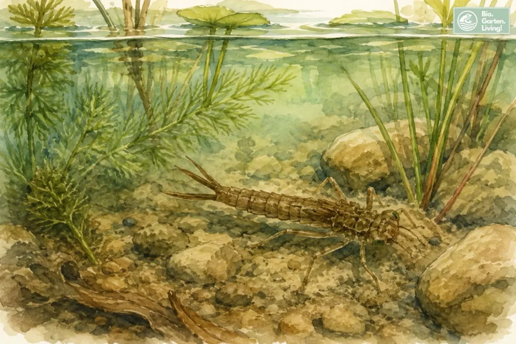 Libellenlarve auf dem Gewässergrund zwischen Wasserpflanzen