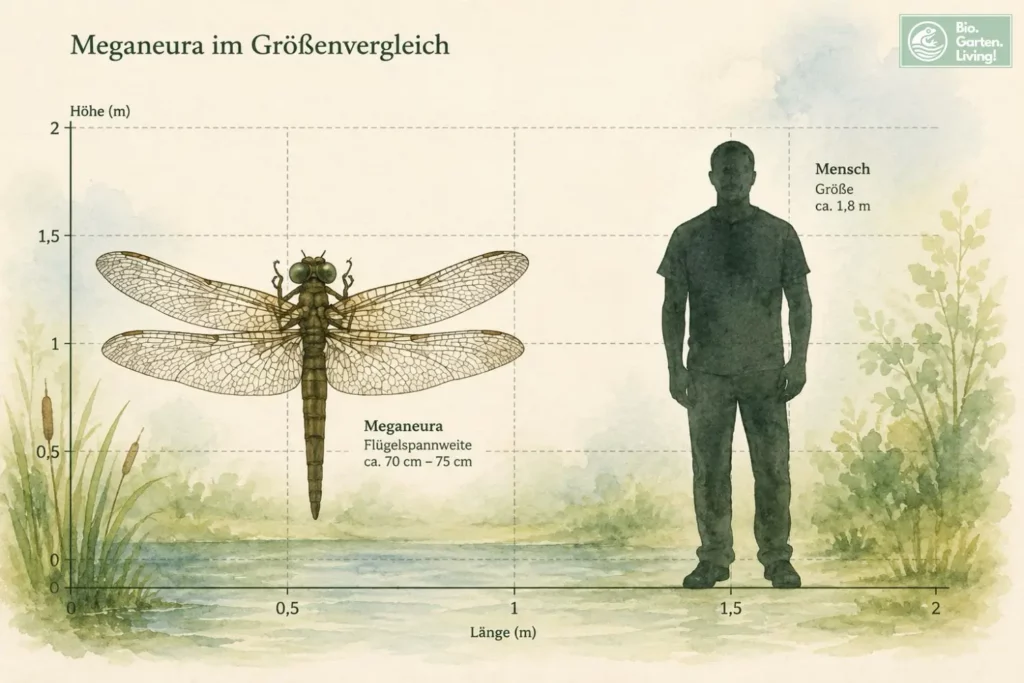 Größenvergleich zwischen Meganeura und einem Menschen