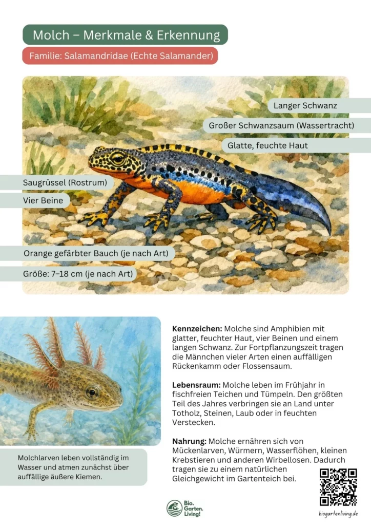 Steckbrief heimischer Molche mit den wichtigsten Erkennungsmerkmalen, Lebensraum und Nahrung als PDF zum Herunterladen.