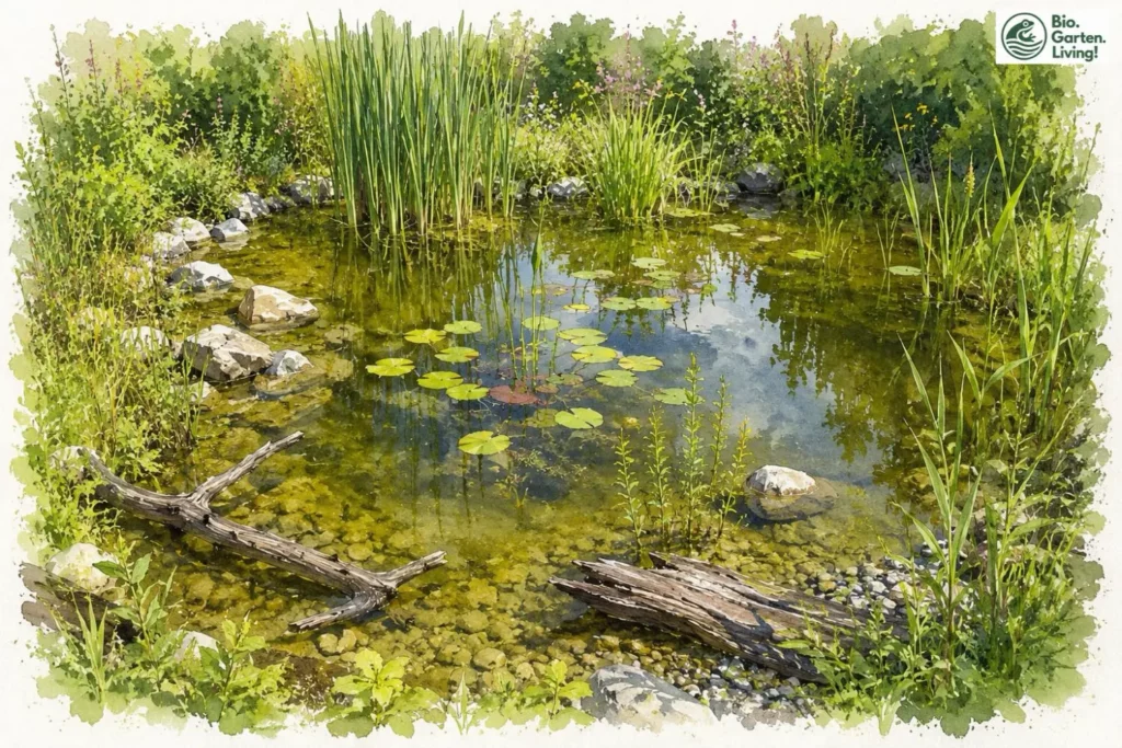Naturnaher Gartenteich mit Flachwasserzonen und dichter Uferbepflanzung