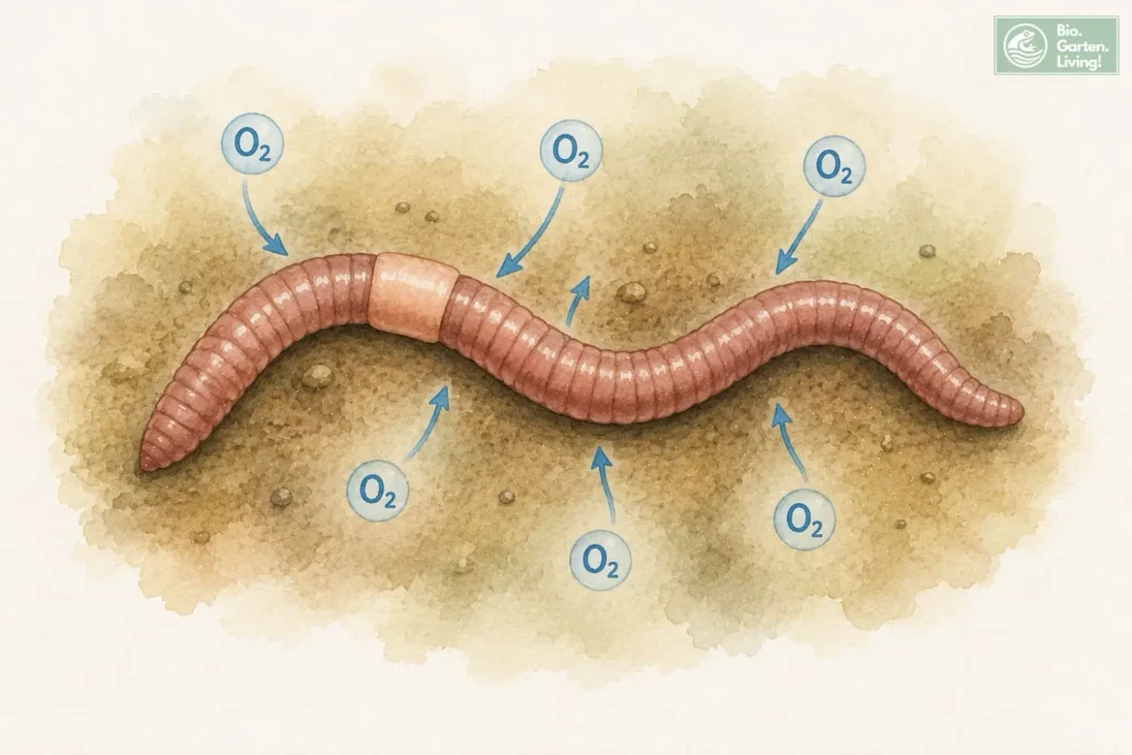 Aquarellillustration eines Regenwurms, der Sauerstoff über seine feuchte Haut aufnimmt.