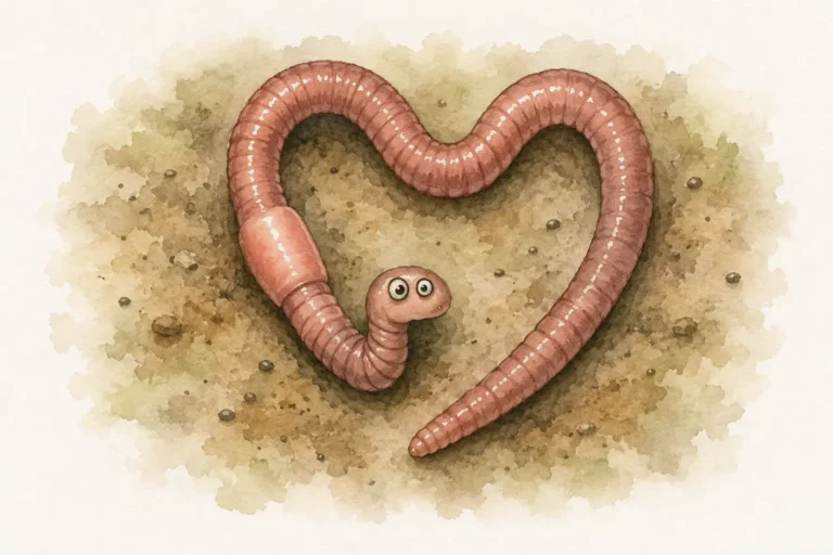 Aquarellillustration eines Regenwurms in Herzform mit deutlich sichtbarem Gürtel.