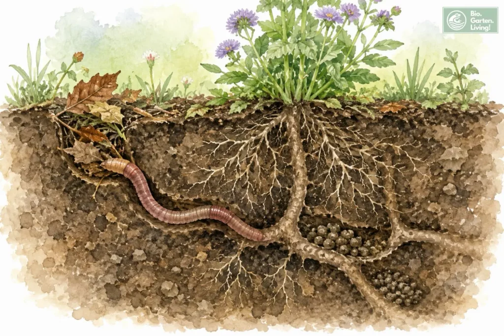 Querschnitt eines Gartenbodens mit Regenwurm, Pflanzenwurzeln und Wurmkot im Erdreich.