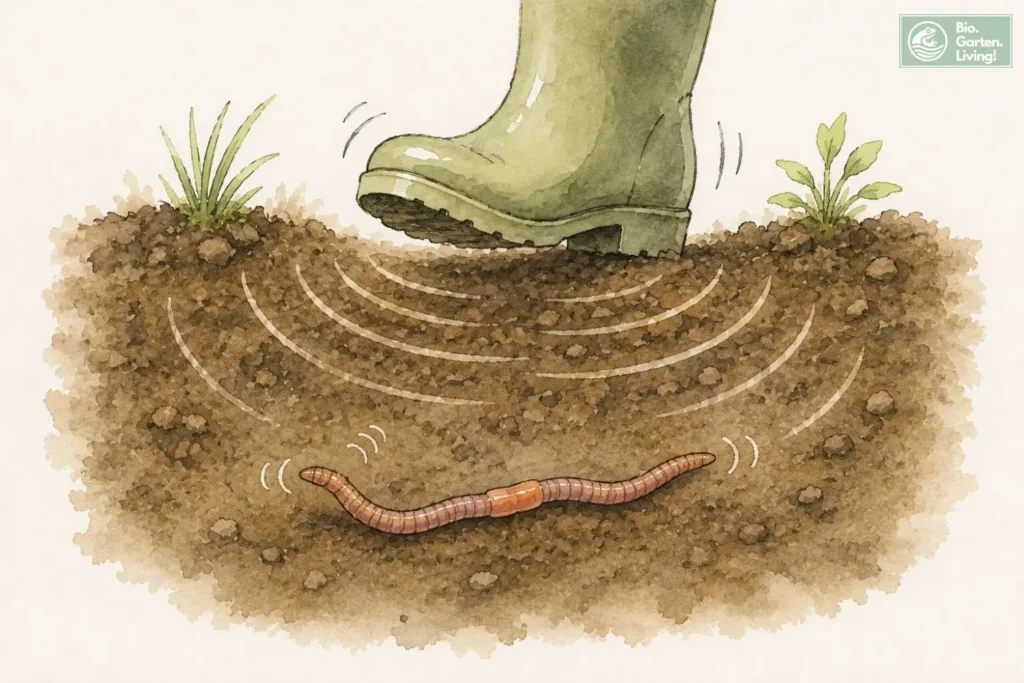 Stiefel erzeugt Vibrationen im Boden, die ein Regenwurm wahrnimmt.