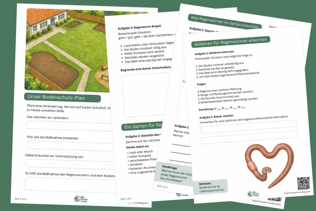 Arbeitsblätter zu regenwurmfreundlichem Garten, Gefahren und Bodenschutz