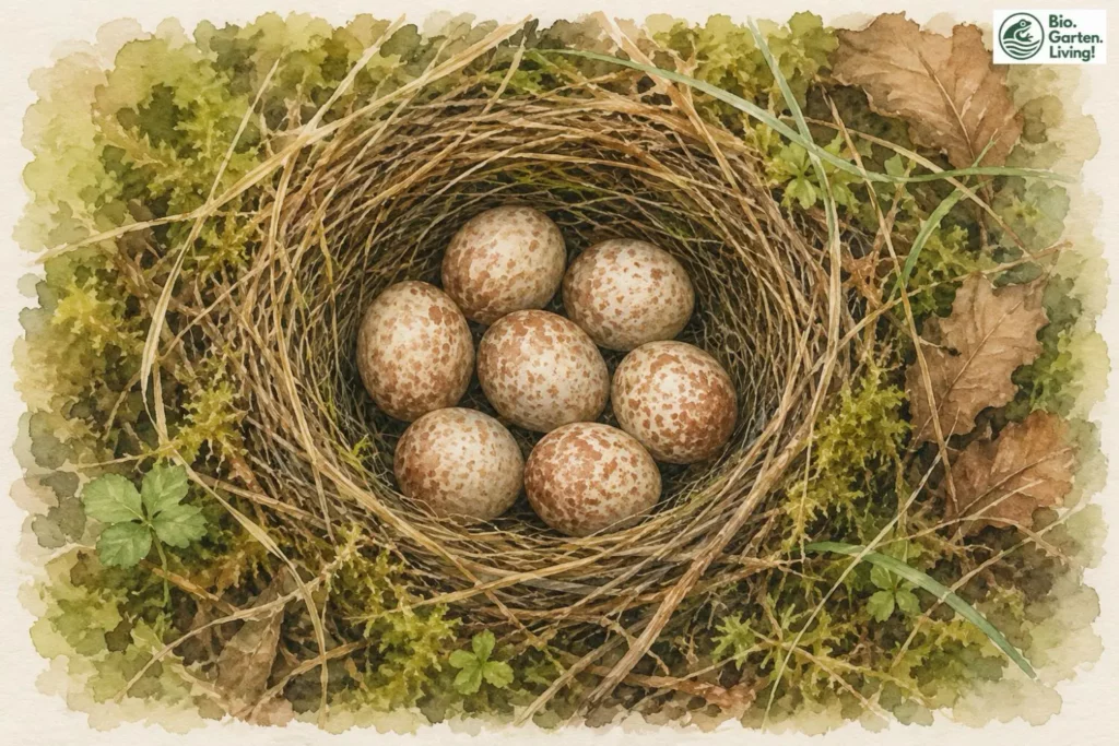 Sieben gesprenkelte Rotkehlchen-Eier in einem mit Moos ausgepolsterten Nest