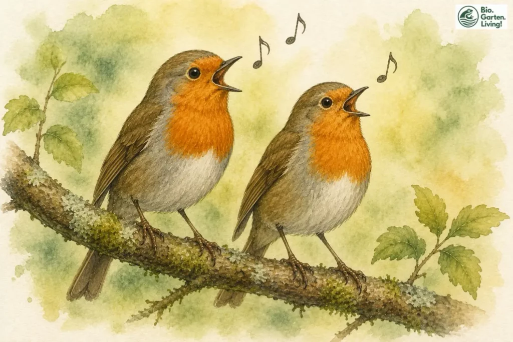 Männliches und weibliches Rotkehlchen singen gemeinsam auf einem Ast