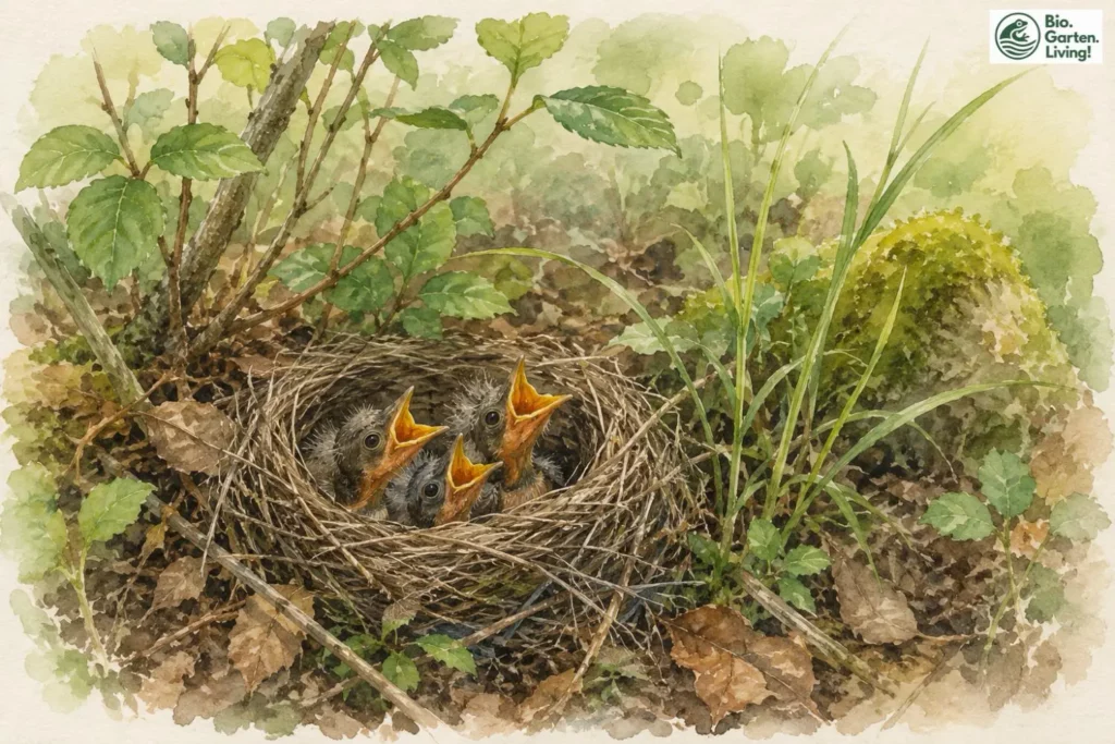 Bodennahes Rotkehlchennest zwischen Moos, Blättern und Pflanzen