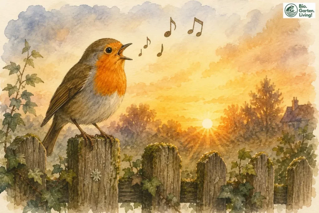 Rotkehlchen singt auf einem Gartenzaun im Licht der aufgehenden Sonne