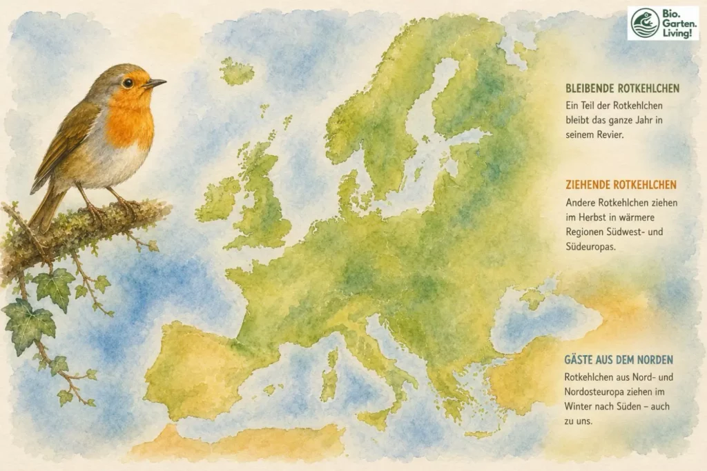Karte Europas mit Überwinterungsgebieten und Zugverhalten der Rotkehlchen