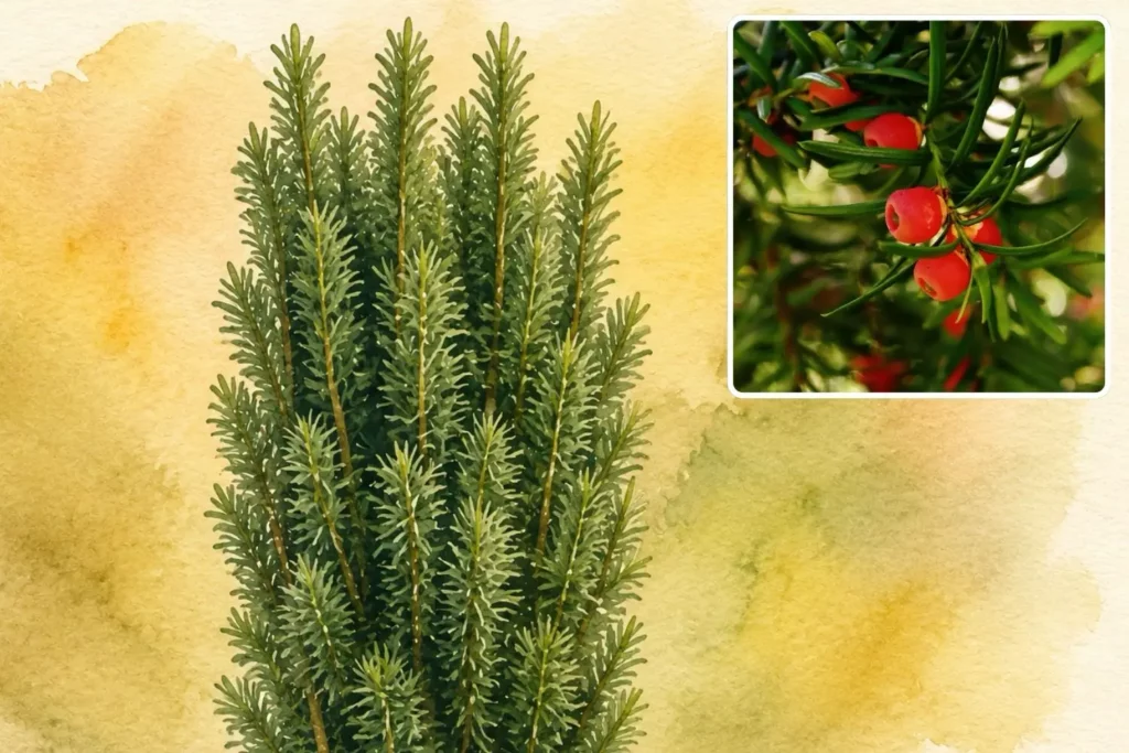 Aquarellillustration der Säulen-Eibe (Taxus baccata ‘Fastigiata’) mit schlankem, aufrechtem Wuchs.